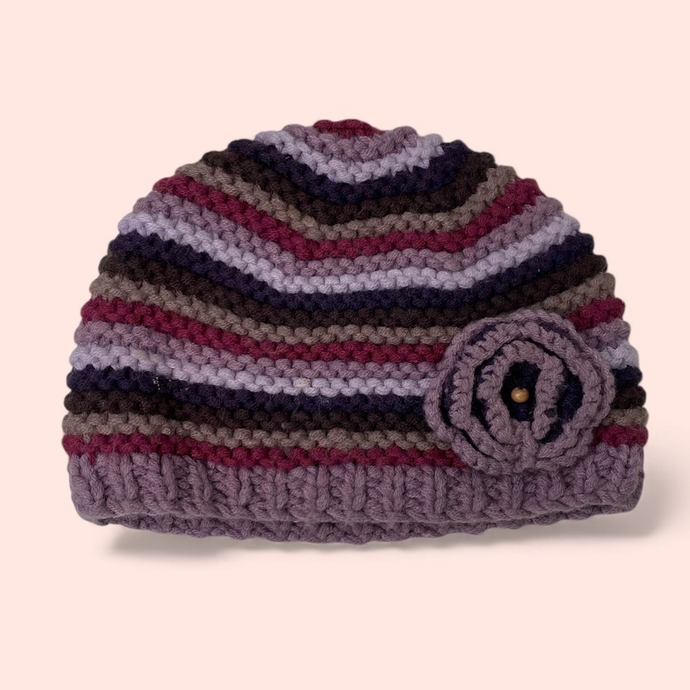 San Diego Hat Co Multicolor Striped Knit Kids Beanie Hat Flower Accent 5-7 Years